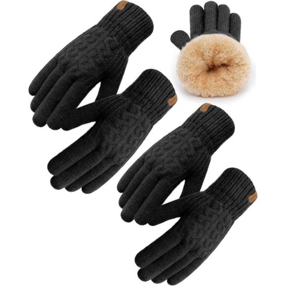 ⚡Women & Men Black+Black Winter Touch Screen Warm Thick Fleece Lined Knit Gloves - Picture 1 of 7